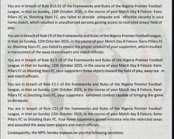 Pitch Invasion: NPFL Deducts 3 points, 3 goals from Kano Pillars ,banished to katsina