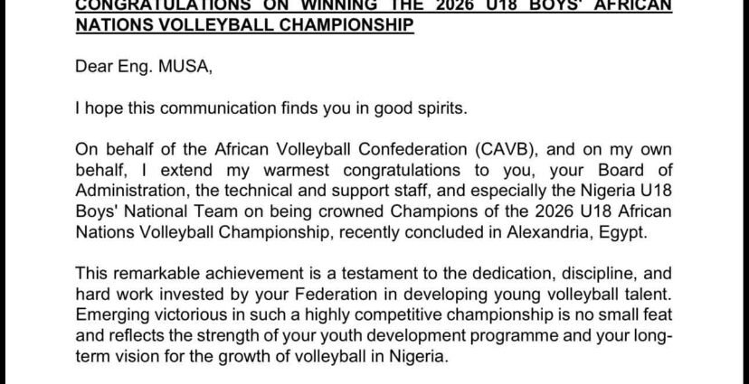 CAVB President Congratulates Nigeria on Winning 2026 U18 Boys African Nations Volleyball Championship CAVB President Congratulates Nigeria on Winning 2026 U18 Boys African Nations Volleyball Championship